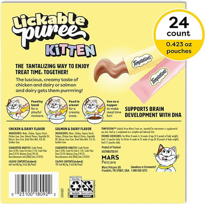 Temptations Puree Kitten Treats Lickable, Chicken and Salmon Variety Pack, 24 Pouches