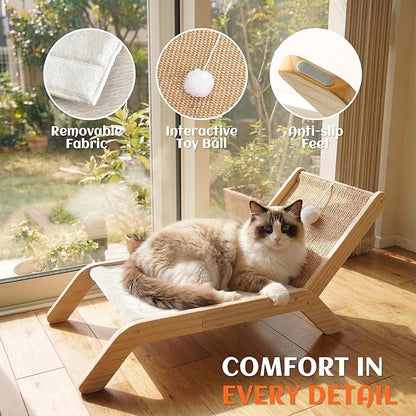 PETKARAY Beach Chair Cat Hammock, Elevated Cat Beds for Indoor Cats, Original Cozy Lounger with Sisal Scratcher and Toy Ball