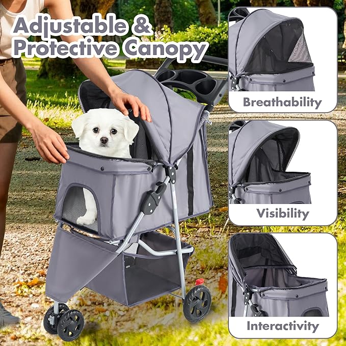 3 Wheel Pet Stroller for Dogs and Cats, Foldable, Lightweight and Durable, Ideal for Small to Medium Pets, Includes Storage Basket and Cup Holders