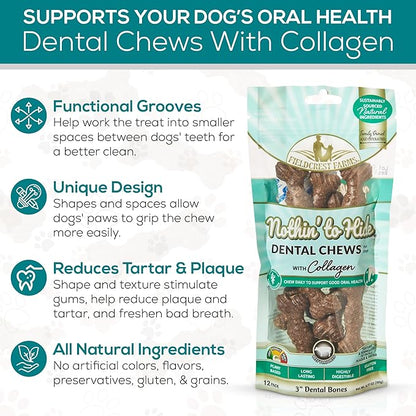 Fieldcrest Farms Dental Chews for Dogs, Wave (3inches, 12count Pack) – Tackles Plaque, Tartar, Promotes Dental Health – w/Collagen, Gluten-Free, for Aggressive Chewers up to 15lbs