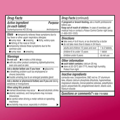 Amazon Basic Care Allergy Relief Diphenhydramine HCl 25 mg, Antihistamine Tablets for Symptoms Due to Hay Fever and Upper Respiratory Allergies, Mini-Tabs, 100 Count