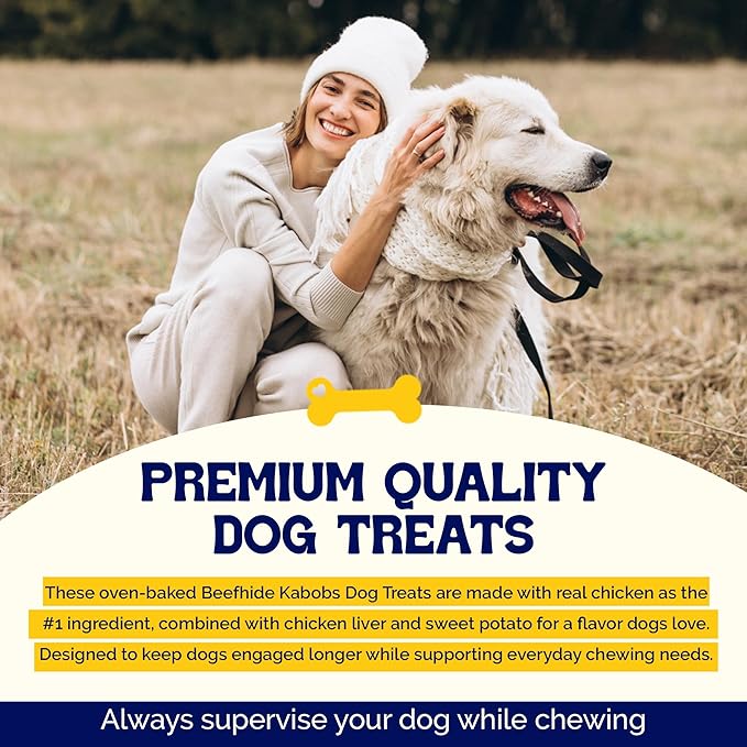 Beefeaters Triple Flavor Beefhide Kabobs 40oz, Dog Treats with Real Chicken, Liver & Sweet Potato – Long-Lasting Dog Kabob Treats for Chewing, Dental Support*, Flavor-Packed Treats - Training Rewards