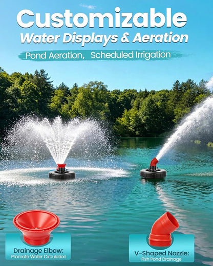 Floating Pond Fountain Aerator, 1HP, 110V, 15000GPH, Black | 304 Stainless Steel, Smart Programmable Timer, Anti-Tipping Base, 100 FT Power Cord Floating Pond & Lake Fountain Aerator