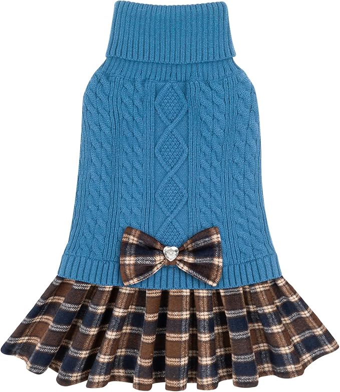 KYEESE Dog Sweater Comfy Dogs Clothes with Bowtie Warm Pullover Pet Coats Soft Turtleneck Dog Sweaters for Small Dogs Male Stretchy Knitwear Pet Sweater Dress, Blue, Large