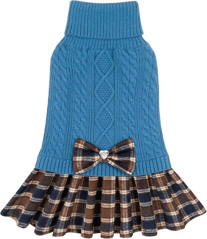 KYEESE Dog Sweater Comfy Dogs Clothes with Bowtie Warm Pullover Pet Coats Soft Turtleneck Dog Sweaters for Small Dogs Male Stretchy Knitwear Pet Sweater Dress, Blue, Large