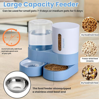 Automatic Cat Feeder Stainless Steel Water Dispenser Gravity Food Feeder and Waterer Set with Pet Food Bowl for Small Medium Kitten Puppy Pets Large Capacity(Blue)
