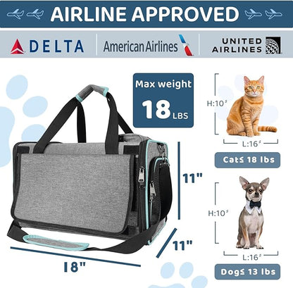 GAPZER Soft-Sided Pet Carrier for Air Travel 18x11x11 Inch - Underseat Cabin Carry Bag for Small Cats & Dogs Under 15 lbs