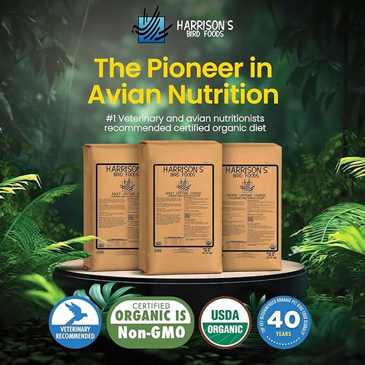 Harrison's Bird Foods Adult Lifetime Coarse Certified Organic Non-GMO Daily Maintenance Formula for Medium to Large Birds, Parrots, Cockatoos, Macaws etc, Suitable for All Life Stages 11.3kg/ 25lb