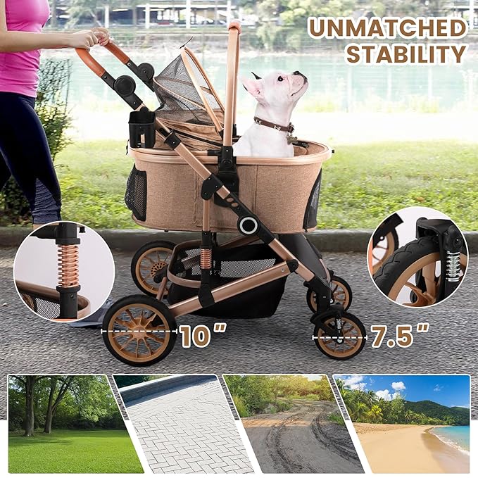 Bicystar Pet Stroller for Medium Dogs, Smooth-Ride Dog Stroller with Detachable Carrier, Rubber Wheels, Car Seat Combo 3-in-1, Up to 50 lbs, for Senior Dogs & Cats, Tan