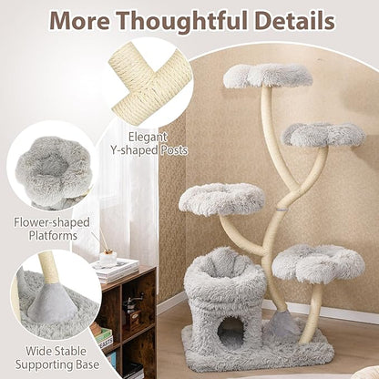 PETSITE 65 Inch Tall Cat Tree, Multi-Level Modern Cat Tree Tower with Sisal Scratching Posts, Cat Condo, Soft Long Plush Covered Platforms, Ideal for Indoor Cats Large Adult (Grey)