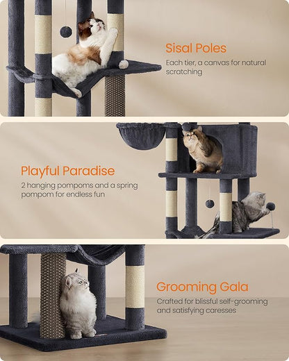 Feandrea Cat Tree, 69-Inch Tall Cat Tower, Multi-Level Plush Condo with 2 Caves, 2 Baskets, 5 Scratching Posts, Self-Groomer, Perch, Hammock, Dark Gray UPCT182G02