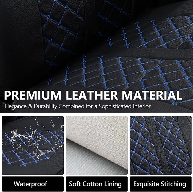 Truckiipa Seat Covers for Tacoma Full Set Leather Truck Seat Covers Waterproof Car Seat Cover Cushion Custom Fit for 2005-2015 Toyota Tacoma Double Crew Cab, Full Set, Black&Blue