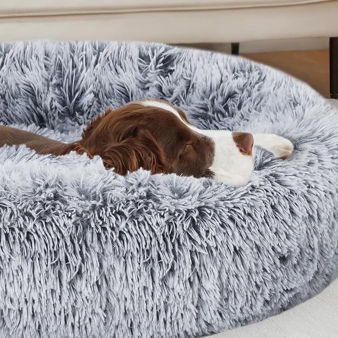 ELSKER&HOME Calming Donut Dog Bed, Washable Warming Soft Round 46 Inches for Large Dogs, Anti-Anxiety Fluffy Plush Cushion Fits up to 160 lbs Pets, Gradient Blue