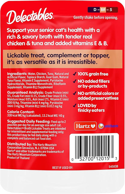 Delectables Lickable Treat Savory Broth Senior 10+ Wet Cat Treats with Real Chicken & Tuna, Food Topper, Hydrating, Grain-Free, No Fillers, No By-Product, No Added Preservatives, 1.4oz Pouch, 12ct