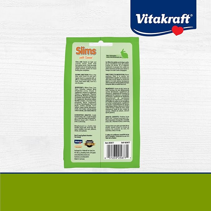 Vitakraft Slims with Carrot Small Animal Treats 1.76 oz Crunchy Baked Snacks for Rabbits Guinea Pigs Hamsters Gerbils Nutritious Light Texture with Carrot Flavor Wholesome Nourishment