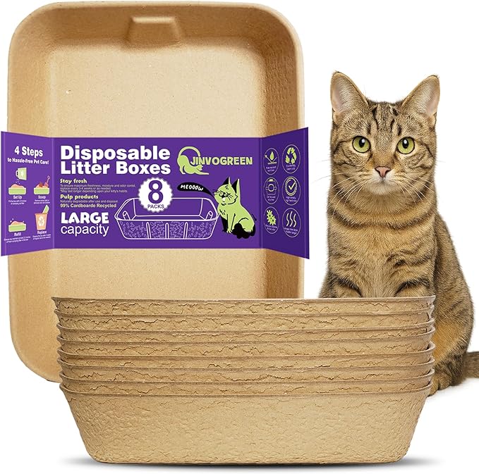 JINVOGREEN Disposable Litter Boxes for Cats, 8 Pack Cat Litter Trays for Travel, Temporary Use, or Liner – Leak-Proof, Eco-Friendly, Easy Clean-Up (16.1" x 12.4" x 3.7")