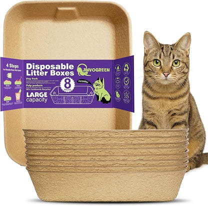 JINVOGREEN Disposable Litter Boxes for Cats, 8 Pack Cat Litter Trays for Travel, Temporary Use, or Liner – Leak-Proof, Eco-Friendly, Easy Clean-Up (16.1" x 12.4" x 3.7")