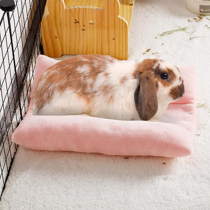 MEWTOGO 15.7" x 14" Bunny Bed for Rabbit Cage - Thickened Soft Prevent Sore Hocks Plush Mat with Cotton Lounger Pillows, Small Animal Flop Mat for Hutch Sleeping Indoor, Pink