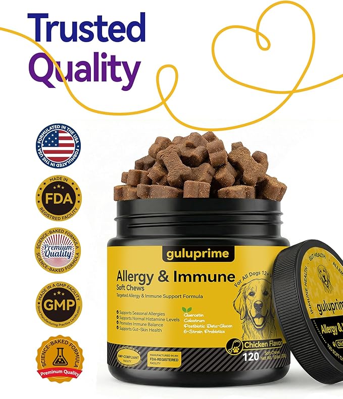 Dog Allergy Relief Chews – Seasonal Allergy Support for Dogs with Environmental Sensitivities, Immune & Gut Health Soft Chews for Allergy-Prone Dogs