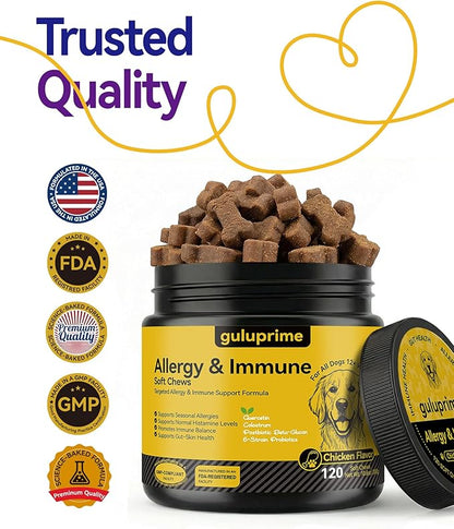 Dog Allergy Relief Chews – Seasonal Allergy Support for Dogs with Environmental Sensitivities, Immune & Gut Health Soft Chews for Allergy-Prone Dogs