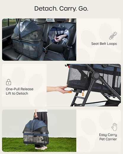 3 in 1 Pet Carrier Stroller with Detachable Carrier, Foldable Dog & Cat Stroller for Small/Medium Dogs up to 33 lbs, Large Storage Bag, Full Window Mesh, One-Touch Dual Brake, Car Seat
