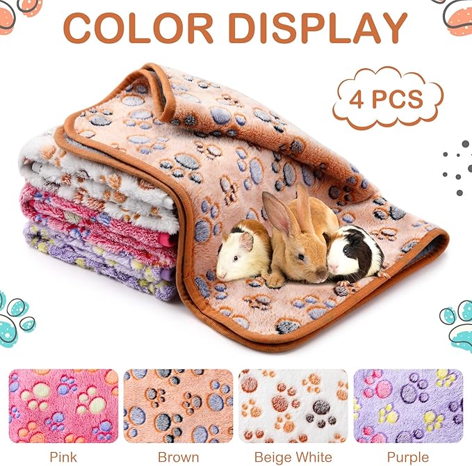 Reginary 4 Pcs Waterproof Guinea Pig Blankets Washable Small Animal Fleece Bedding Guinea Pig Cage Liners Reusable Training Pads Pet Pee Pad Sleep Mat for Hamster(Paw Print,24 x 47 Inch)