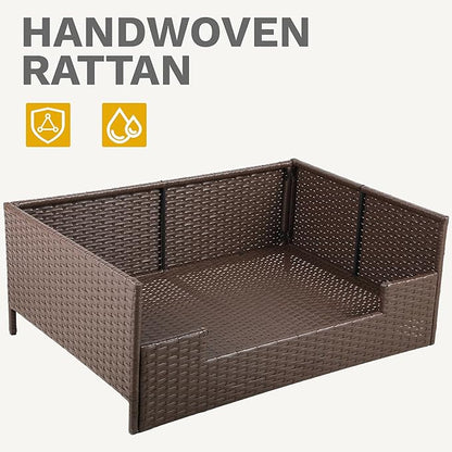 DWVO Rattan Dog House Outdoor Indoor with Cushion, Wicker Dog Sofa Bed for Small, Medium, and Large Dogs, 38.6''L*26.4''W*15''H, Beige
