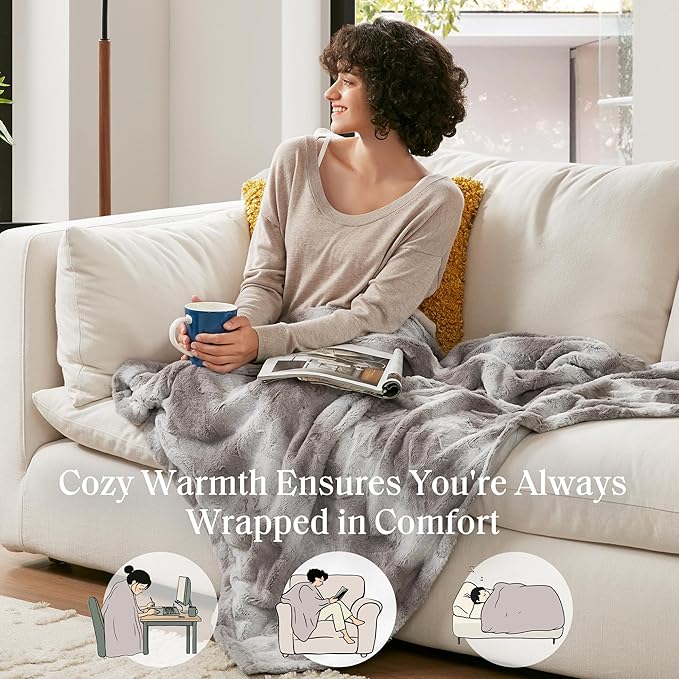 Madison Park Zuri Soft Plush Luxury Oversized Faux Fur Throw Animal Stripes Design, Faux Mink On The Reverse, Modern All Seasons Blanket for Bed, Sofa Couch, Office, Grey, 60x70"