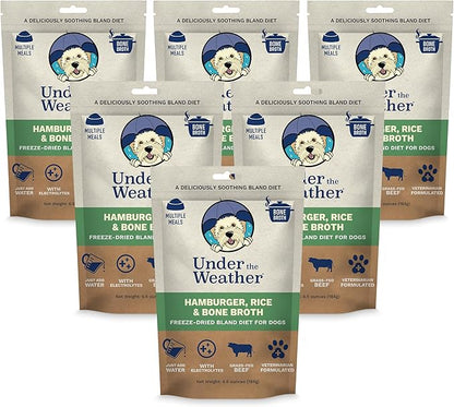 Under The Weather Easy to Digest Bland Dog Food Diet for Sick Dogs | Contains Electrolytes | Gluten Free, Freeze Dried 100% Human Grade Meats | 6 Pack - Rice, Hamburger & Bone Broth