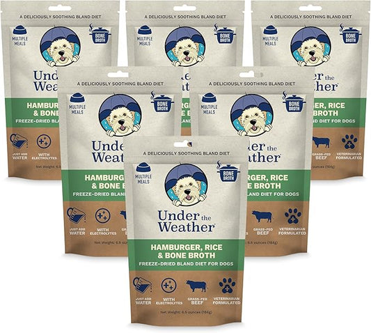 Under The Weather Easy to Digest Bland Dog Food Diet for Sick Dogs | Contains Electrolytes | Gluten Free, Freeze Dried 100% Human Grade Meats | 6 Pack - Rice, Hamburger & Bone Broth