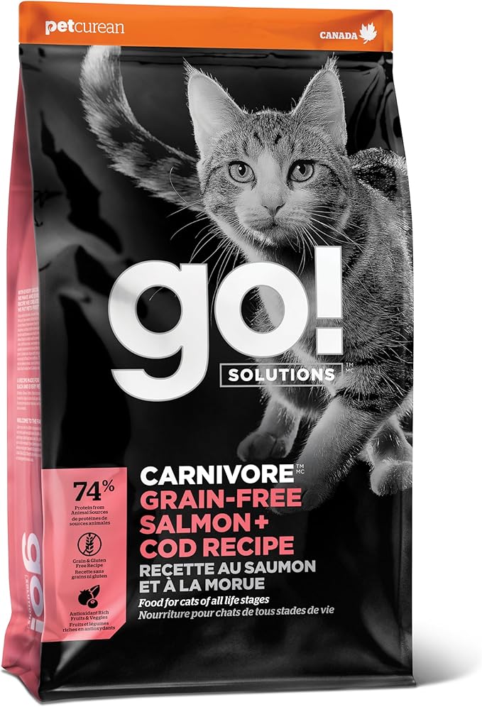 Go! Solutions Carnivore Salmon + Cod Grain-Free Dry Cat Food, Our Highest-Protein Kibble Made with Real Meat & Fish, Chicken-Free Recipe, for Kittens, Adults & Seniors, 8 lb Bag