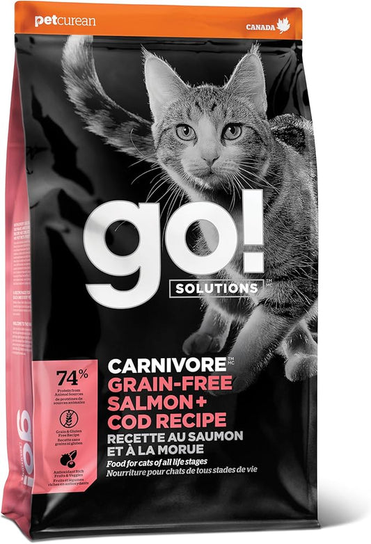 Go! Solutions Carnivore Salmon + Cod Grain-Free Dry Cat Food, Our Highest-Protein Kibble Made with Real Meat & Fish, Chicken-Free Recipe, for Kittens, Adults & Seniors, 8 lb Bag