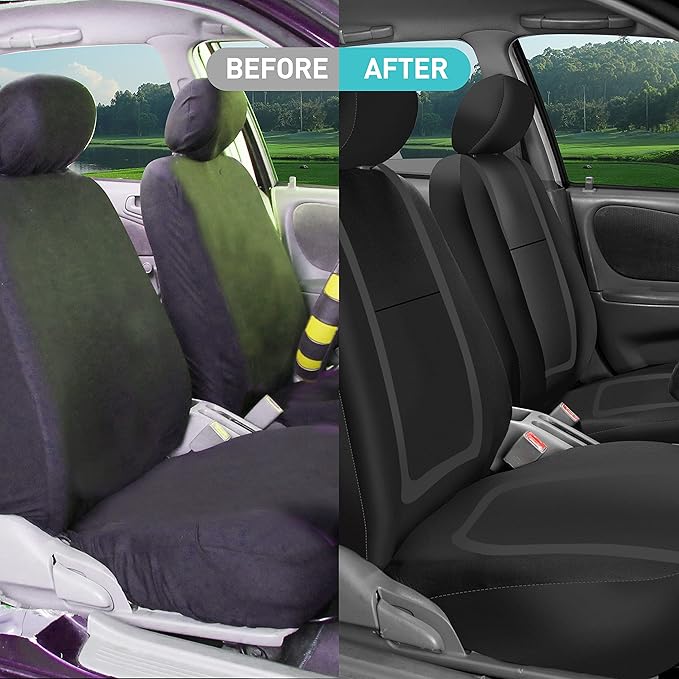 FH Group Car Seat Covers Front Set in Cloth for Low Back Car Seats with Removable Headrest, Universal Fit, Automotive Washable for SUV, Sedan, Van Black