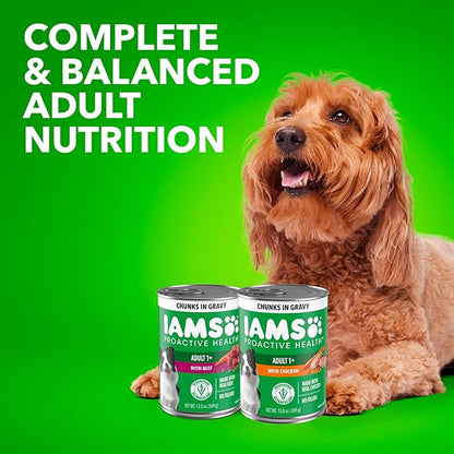 IAMS Proactive Health Adult Wet Dog Food Chunks in Gravy, Beef Recipe, 13 oz. Cans (12 Count, Pack of 2)