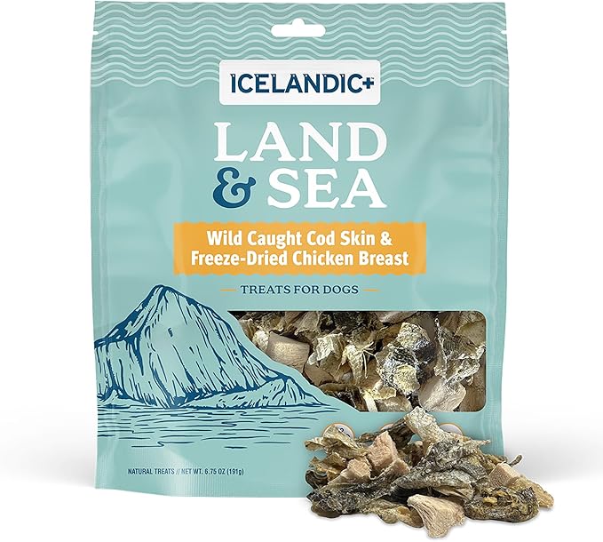 Icelandic+ Land & Sea Wild Caught Cod Skin & Freeze-Dried Chicken Breast -6.75oz Bag, Dog Treat & Food Topper, 2 Ingredient, No Preservatives, Natural