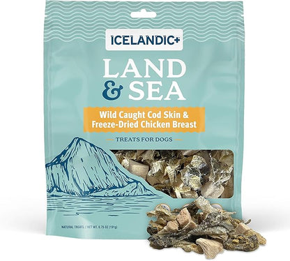 Icelandic+ Land & Sea Wild Caught Cod Skin & Freeze-Dried Chicken Breast -6.75oz Bag, Dog Treat & Food Topper, 2 Ingredient, No Preservatives, Natural (Pack of 2)