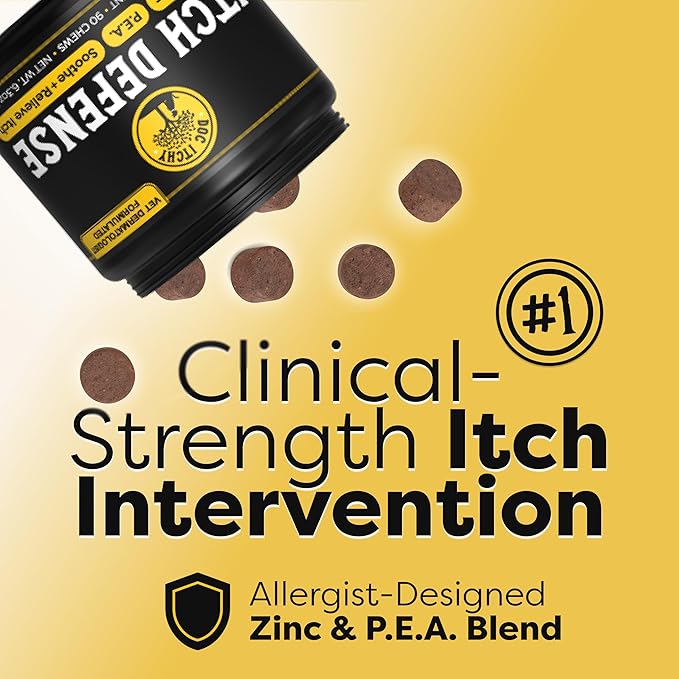 Doc Itchy: Itch Defense Dog Allergy Chews | Zinc + P.E.A. Itch & Allergy Relief Armor | Improve Paw Licking, Scratching, Hot Spots, Red Ears | Zinc Supplement for Dogs | Food Allergy Safe | 90 Chews