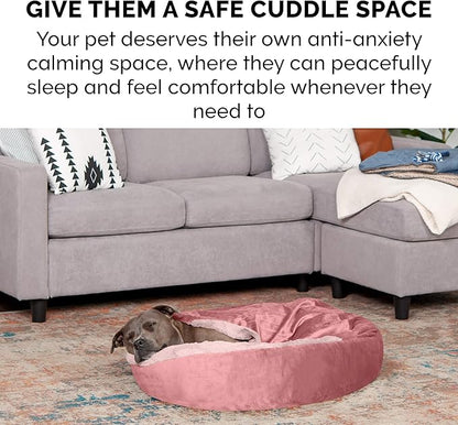 Furhaven 24" Round Calming Donut Dog Bed for Indoor Cats & Small Dogs, Washable, For Dogs Up to 20 lbs - Plush Velvet Waves Hooded Donut Bed - Rose Pink, Small