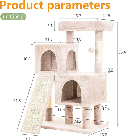 FDW Cat Tree for Indoor Cats 36 Inches Cat Tower Multi-Level Indoor Cat Play Condo House with Scratching Posts, Spacious Perch, Sisal Posts and Dangling Toys, Beige