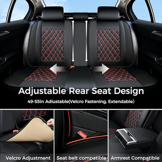 Huidasource Rear Bench Car Seat Covers, Split Back Leather Seat Cover Velcro Adjustable, Compatible with Armrests, Seat Belts, Child Safety Seats, Fit for Most Cars SUVs Trucks (Back Row/Black&Red)