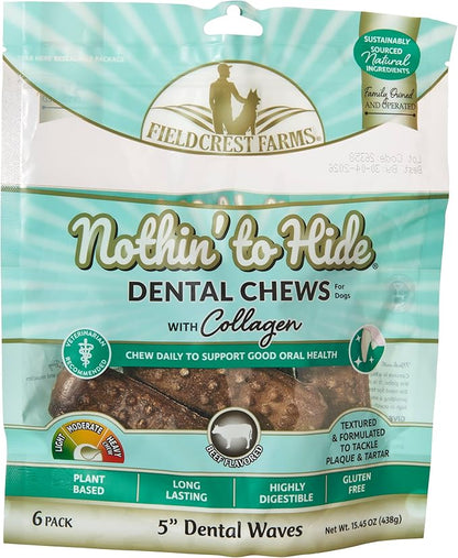 Fieldcrest Farms Dental Chews for Dogs, Wave (5inches, 6count Pack) – Tackles Plaque, Tartar, Promotes Dental Health – w/Collagen, Gluten-Free, for Aggressive Chewers up to 25 lbs