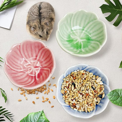 BNOSDM 2 Pcs Hamster Ceramic Food Bowl Flower Series Gerbil Drinking Bowls Anti-Turning Food & Water Dish for Dwarf Syrian Hamsters Gerbil Chinchilla（Pink, Narcissus Pattern）