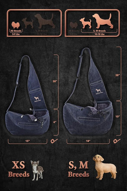 Noah & Paw Dog Sling Carrier for Small Dogs 3-10lb, Dog Sling for Small Dogs and Cats, Dog Carrier with Adjustable Padded Strap, Vegan Denim Lined with Fur, 3X Safety Features, Machine Washable