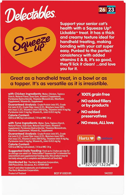 Delectables Squeeze Up Senior 10+ Variety Pack, Creamy Squeezable Puree, Lickable Wet Cat Treats, Grain-Free, No Added Fillers, 0.5 Ounces Tube, 20 Tubes Total