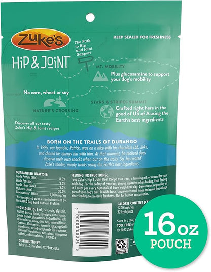 Zuke’s Hip and Joint Support Dog Treats for Adult Dogs of All Sizes, Senior Dog Treats made with Real Beef, 16 oz. Resealable Pouch - 16 oz. Bag