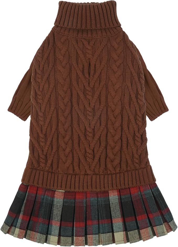 IECOii Girl Dog Sweater Dress - Cable Knit Dog Sweater for Small Dogs Girl - Caramel,Medium, Turtleneck Pullover Sweaters with Tartan Plaid Skirt, Adorable Warm Dog Knitted Dress for Christmas