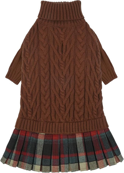 IECOii Girl Dog Sweater Dress - Cable Knit Dog Sweater for Small Dogs Girl - Caramel,Medium, Turtleneck Pullover Sweaters with Tartan Plaid Skirt, Adorable Warm Dog Knitted Dress for Christmas