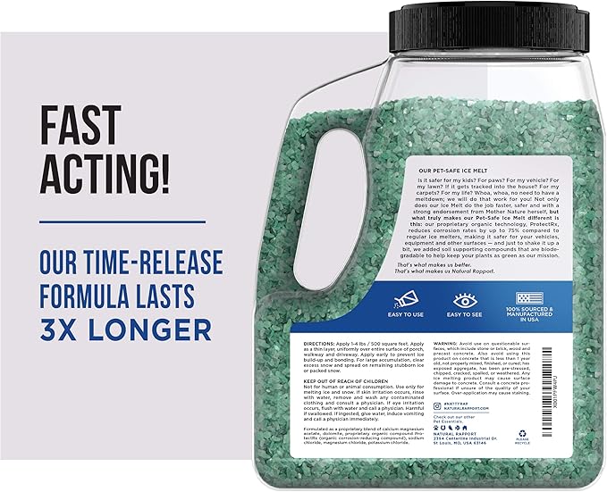 Natural Rapport Pet Friendly Ice Melt - Calcium Chloride Free, Pet Safe Ice Melter, Rock Salt Alternative - Time Release Deicer Formula Lasts 3X Longer (10 lb)