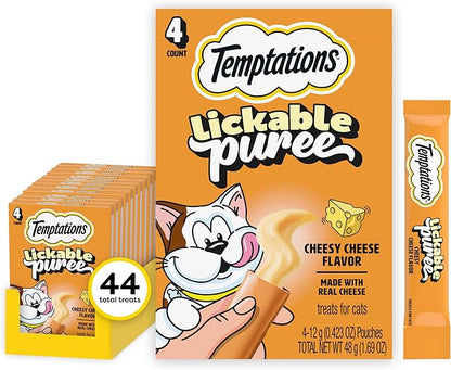 Temptations Creamy Puree Squeezable Lickable Cat Treats, Wet Cat Treats with Cheese, 0.42 oz. Tubes, 4 Count, Pack of 11 (44 Total)