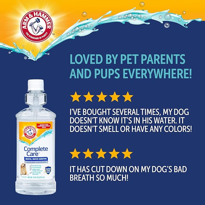 Arm & Hammer Complete Care Dental Water Additive for Dogs, Easy Portion Bottle, Dog Breath Freshener, Dog Mouth Wash or Dental Rinse, Simply Add to Pet Drinking Water for Fresher Breath, 16 FL OZ